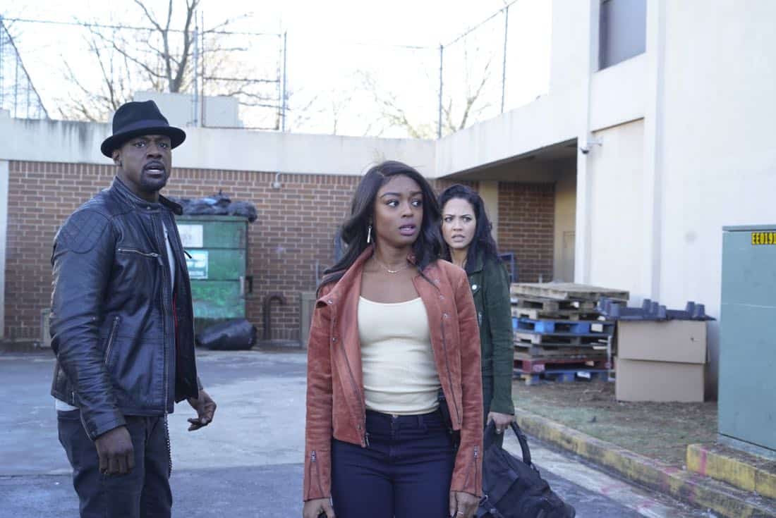 "Riley + Airplane" -- When Matty and the team search for a former government tech who stole classified intel and has been evading capture, they reunite with the Coltons, the family of bounty hunters, who are pursuing the same man for different reasons, on MACGYVER, Friday, March 30 (8:00-9:00 PM, ET/PT) on the CBS Television Network. Pictured: Lance Gross, Javicia Leslie, Tristin Mays. Photo: Annette Brown/CBS é2018 CBS Broadcasting, Inc. All Rights Reserved