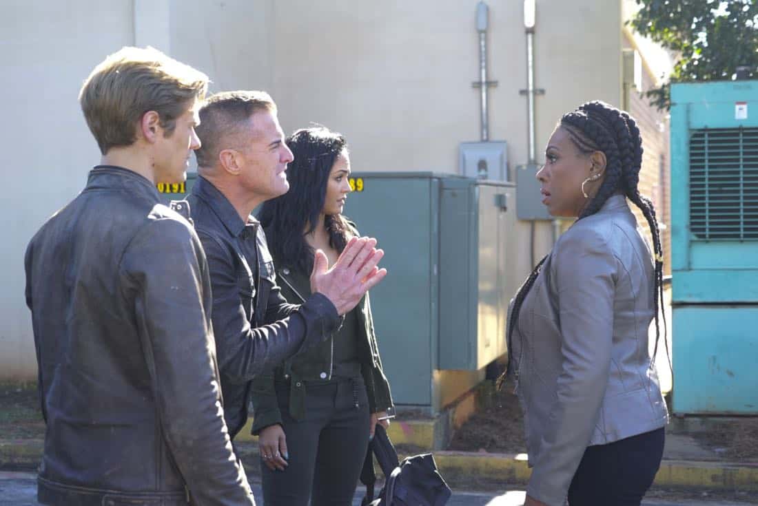 "Riley + Airplane" -- When Matty and the team search for a former government tech who stole classified intel and has been evading capture, they reunite with the Coltons, the family of bounty hunters, who are pursuing the same man for different reasons, on MACGYVER, Friday, March 30 (8:00-9:00 PM, ET/PT) on the CBS Television Network. Pictured: Lucas Till, George Eads, Tristin Mays, Sheryl Lee Ralph. Photo: Annette Brown/CBS é2018 CBS Broadcasting, Inc. All Rights Reserved