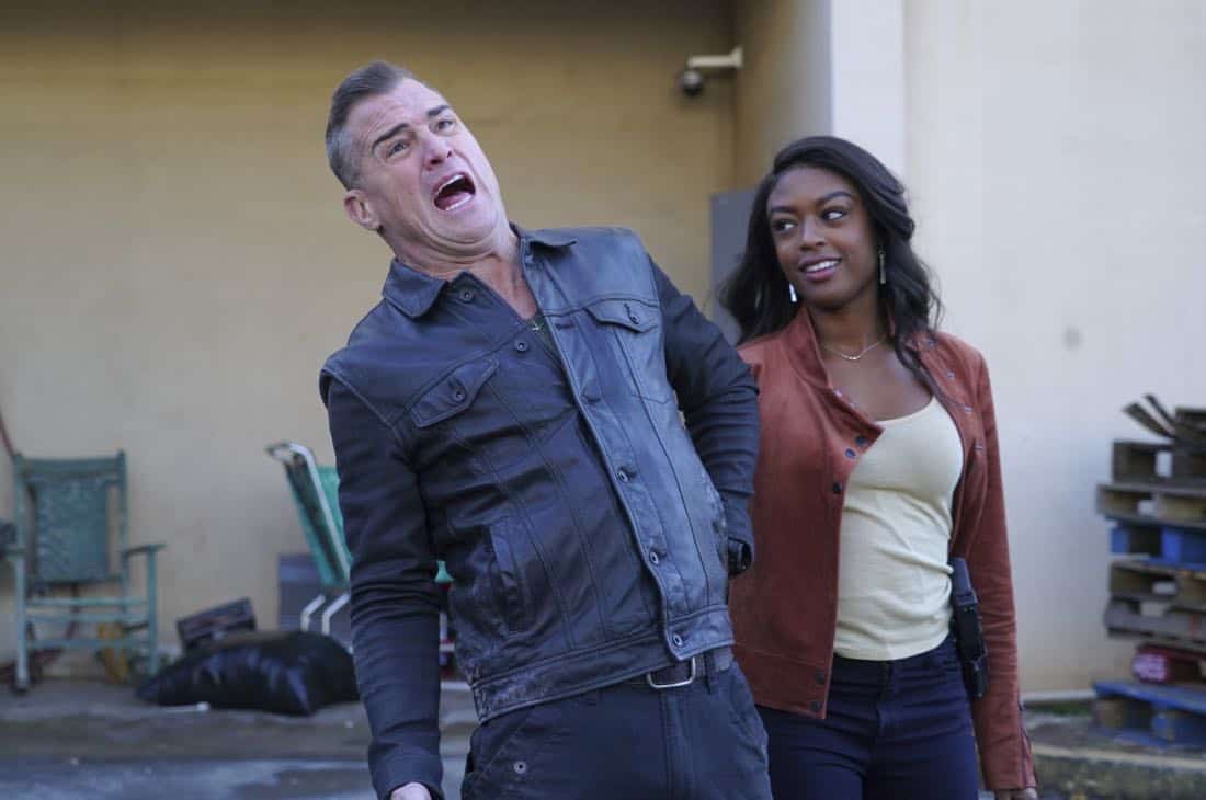 "Riley + Airplane" -- When Matty and the team search for a former government tech who stole classified intel and has been evading capture, they reunite with the Coltons, the family of bounty hunters, who are pursuing the same man for different reasons, on MACGYVER, Friday, March 30 (8:00-9:00 PM, ET/PT) on the CBS Television Network. Pictured: George Eads, Javicia Leslie Photo: Annette Brown/CBS é2018 CBS Broadcasting, Inc. All Rights Reserved