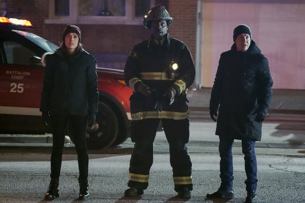CHICAGO FIRE -- "Looking For A Lifeline" Episode 614 -- Pictured: (l-r) Marina Squerciati as Kim Burgess, Eamonn Walker as Wallace Boden, Jon Seda as Antonio Dawson -- (Photo by: Elizabeth Morris/NBC)