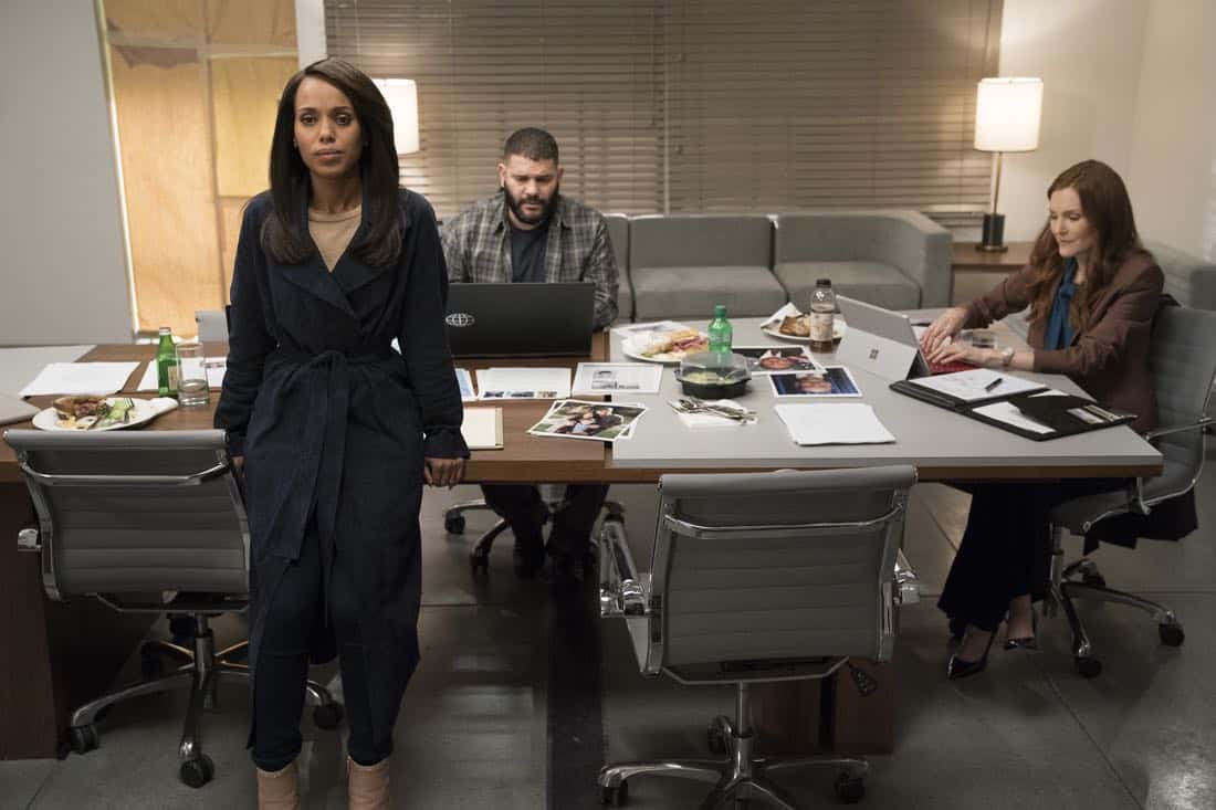 SCANDAL - "The Noise" - When Charlie is taken into custody for the hijacking of Air Force Two, Quinn is faced with an important choice. Meanwhile, Cyrus is pulling the strings behind closed doors and sets out to recruit Jake to join him on his quest for the White House, on "Scandal," airing THURSDAY, MARCH 29 (10:00-11:00 p.m. EDT), on The ABC Television Network. (ABC/Mitch Haaseth) KERRY WASHINGTON, GUILLERMO DIAZ, DARBY STANCHFIELD