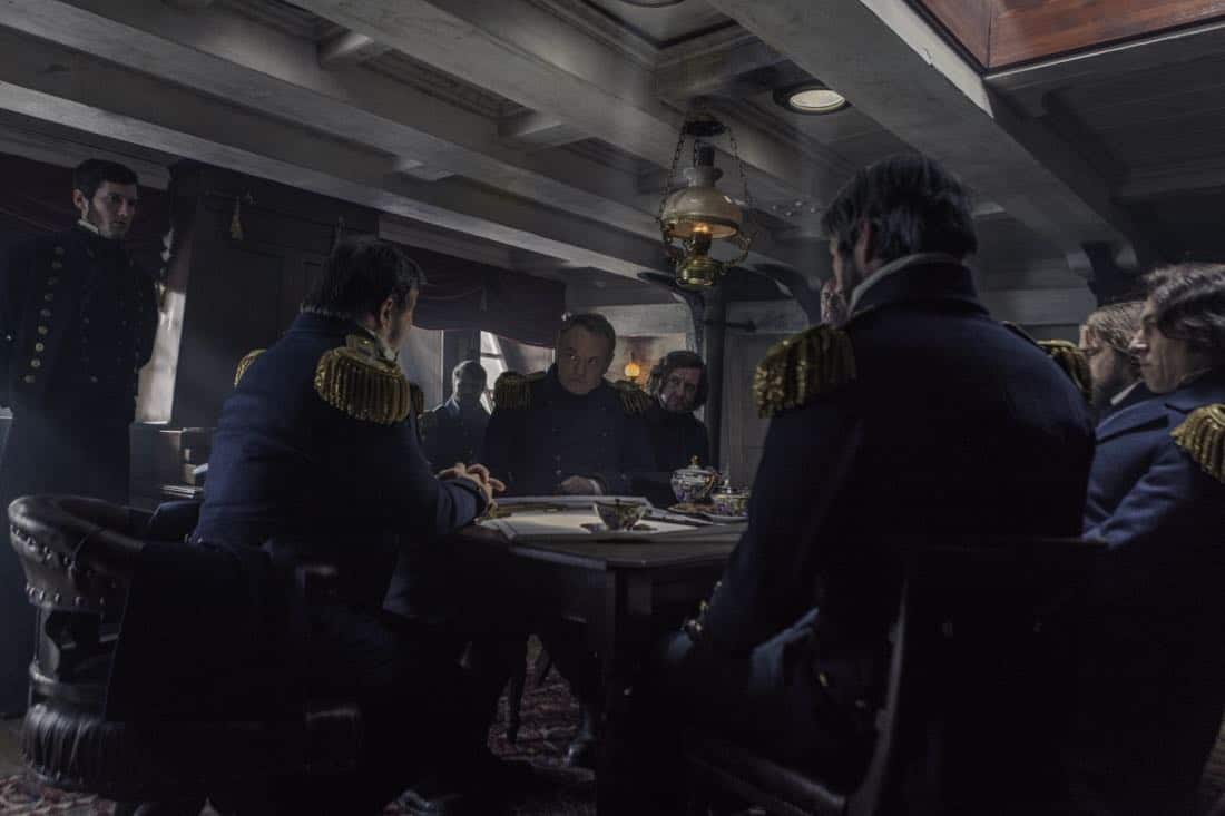 Jared Harris as Francis Crozier, Tobias Menzies as James Fitzjames, Ciarán Hinds as John Franklin - The Terror _ Season 1, Episode 1 - Photo Credit: Aidan Monaghan/AMC