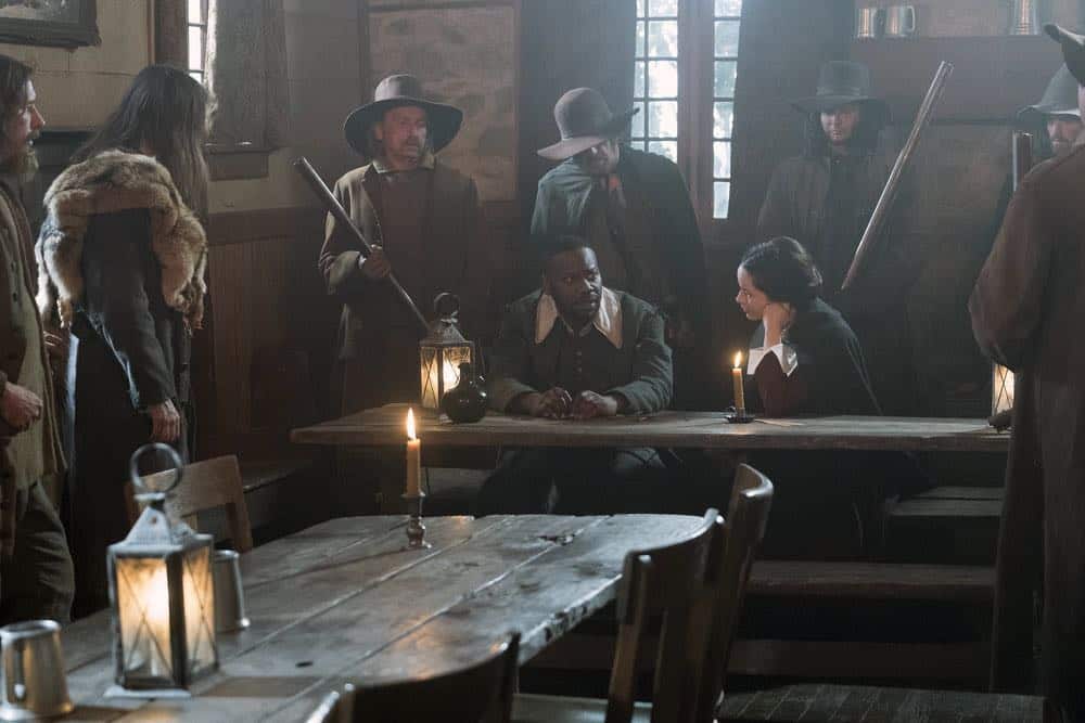 TIMELESS -- "The Salem Witch Hunt" Episode 204 -- Pictured: (l-r) Michael Barrett as Rufus Carlin, Abigail Spencer as Lucy Preston -- (Photo by: Patrick Wymore/NBC)