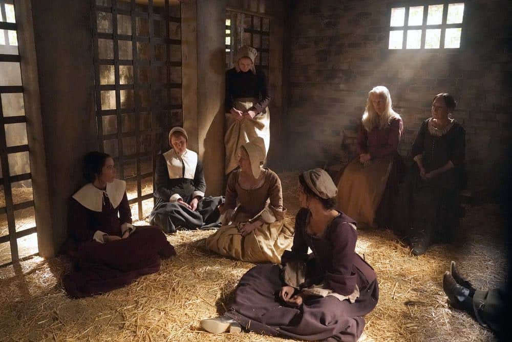 TIMELESS -- "The Salem Witch Hunt" Episode 204 -- Pictured: (l-r) Abigail Spencer as Lucy Preston, Sofia Vassilieva as Abiah, Jennifer Christopher as Alice Parker -- (Photo by: Chris Haston/NBC)