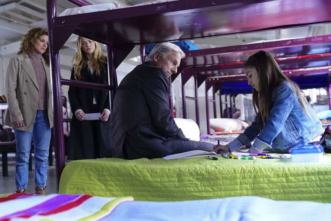 "The Numerical Limit" -- Gibbs is granted protective custody of a 10-year-old orphaned refugee, Elena (Lily Rose Silver), when an NCIS case reveals she is the target of a violent gang, on NCIS, Tuesday, April 3 (8:00-9:00 PM, ET/PT) on the CBS Television Network. Pictured: Alexis Carra, Emily Wickersham, Mark Harmon, Lily Rose Silver Photo: Sonja Flemming/CBS é2018 CBS Broadcasting, Inc. All Rights Reserved