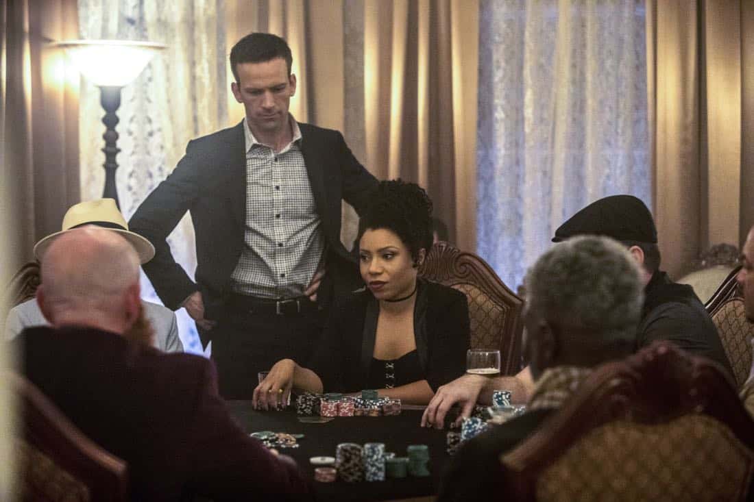 "High Stakes" -- Percy and Lasalle go undercover at a high-stakes, underground poker game after the organizer targets players with access to a naval research laboratory. Also, Laurel Pride (Shanley Caswell) visits her dad during spring break to discuss options after her upcoming graduation, on NCIS: NEW ORLEANS, Tuesday, April 3 (10:00-11:00 PM, ET/PT) on the CBS Television Network. Pictured L-R: Lucas Black as Special Agent Christopher LaSalle and Shalita Grant as Sonja Percy Photo: Skip Bolen/CBS é2018 CBS Broadcasting, Inc. All Rights Reserved