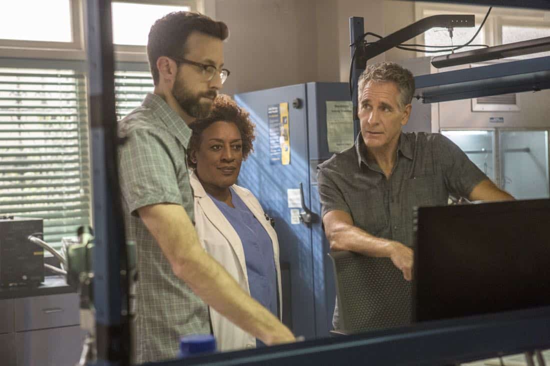 "High Stakes" -- Percy and Lasalle go undercover at a high-stakes, underground poker game after the organizer targets players with access to a naval research laboratory. Also, Laurel Pride (Shanley Caswell) visits her dad during spring break to discuss options after her upcoming graduation, on NCIS: NEW ORLEANS, Tuesday, April 3 (10:00-11:00 PM, ET/PT) on the CBS Television Network. Pictured L-R: Rob Kerkovich as Forensic Scientist Sebastian Lund, CCH Pounder as Dr. Loretta Wade, and Scott Bakula as Special Agent Dwayne Pride Photo: Skip Bolen/CBS é2018 CBS Broadcasting, Inc. All Rights Reserved