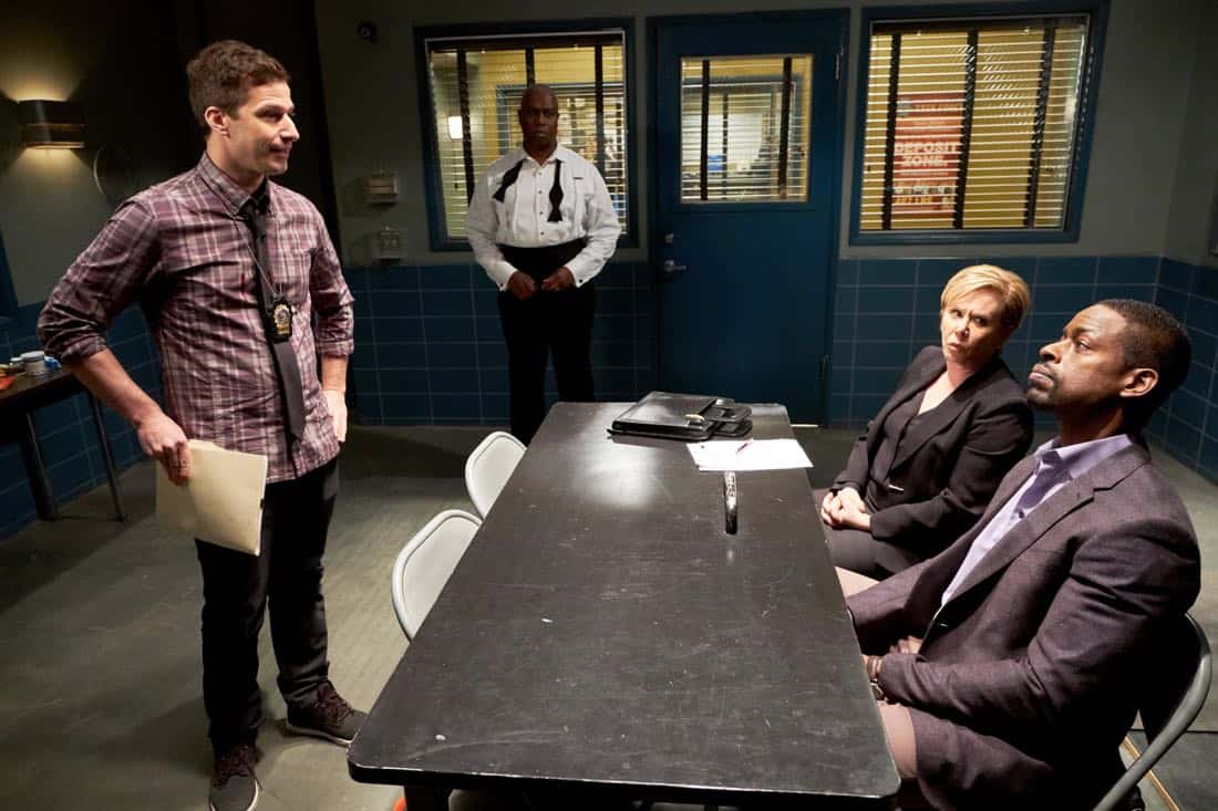 BROOKLYN NINE-NINE: (L-R) Andy Samberg, Andre Braugher, guest star XXX and guest star Sterling K. Brown in the "The Box" episode of BROOKLYN NINE-NINE airing Sunday, April 1 (8:30-9:00 PM ET/PT) on FOX. CR: FOX BROOKLYN NINE-NINE: (L-R) Andy Samberg, Andre Braugher, guest star XXX and guest star Sterling K. Brown in the "The Box" episode of BROOKLYN NINE-NINE airing Sunday, April 1 (8:30-9:00 PM ET/PT) on FOX. CR: FOX