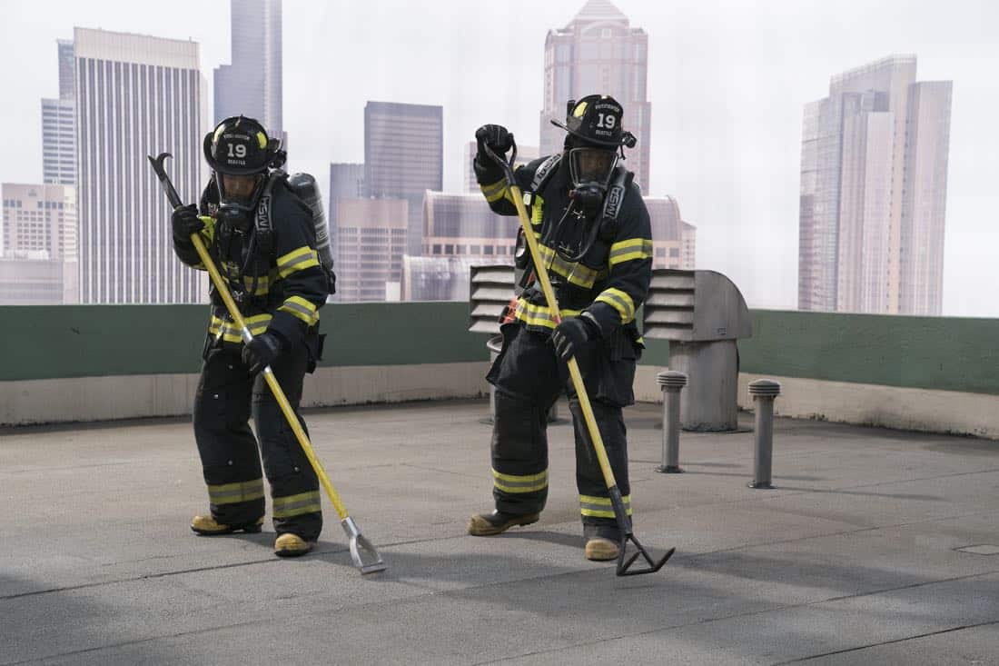 STATION 19 - "Contain the Flame" - Upon the arrival of Batallion Chief Frankel, Jack begins his first shift as co-captain and continues to butt heads with Andy on leadership styles. Captain Pruitt has a difficult time following doctor's orders and winds up back at the station to take on administrative duties. Meanwhile, the rest of the team at Station 19 responds to an attic fire at JJ's apartment building and a call to a pool house party, on "Station 19," THURSDAY, MARCH 29 (9:00-10:00 p.m. EDT), on The ABC Television Network. (ABC/Mitch Haaseth) BARRETT DOSS, JASON GEORGE