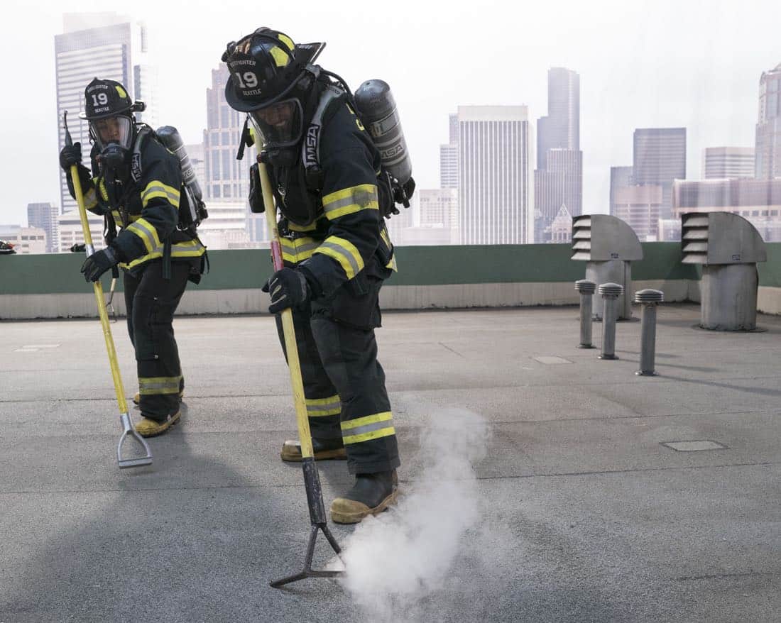 STATION 19 - "Contain the Flame" - Upon the arrival of Batallion Chief Frankel, Jack begins his first shift as co-captain and continues to butt heads with Andy on leadership styles. Captain Pruitt has a difficult time following doctor's orders and winds up back at the station to take on administrative duties. Meanwhile, the rest of the team at Station 19 responds to an attic fire at JJ's apartment building and a call to a pool house party, on "Station 19," THURSDAY, MARCH 29 (9:00-10:00 p.m. EDT), on The ABC Television Network. (ABC/Mitch Haaseth) BARRETT DOSS, JASON GEORGE