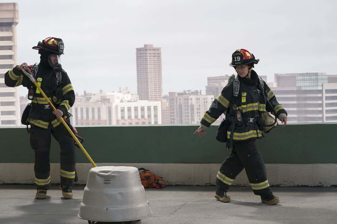STATION 19 - "Contain the Flame" - Upon the arrival of Batallion Chief Frankel, Jack begins his first shift as co-captain and continues to butt heads with Andy on leadership styles. Captain Pruitt has a difficult time following doctor's orders and winds up back at the station to take on administrative duties. Meanwhile, the rest of the team at Station 19 responds to an attic fire at JJ's apartment building and a call to a pool house party, on "Station 19," THURSDAY, MARCH 29 (9:00-10:00 p.m. EDT), on The ABC Television Network. (ABC/Mitch Haaseth) GREY DAMON, JAINA LEE ORTIZ