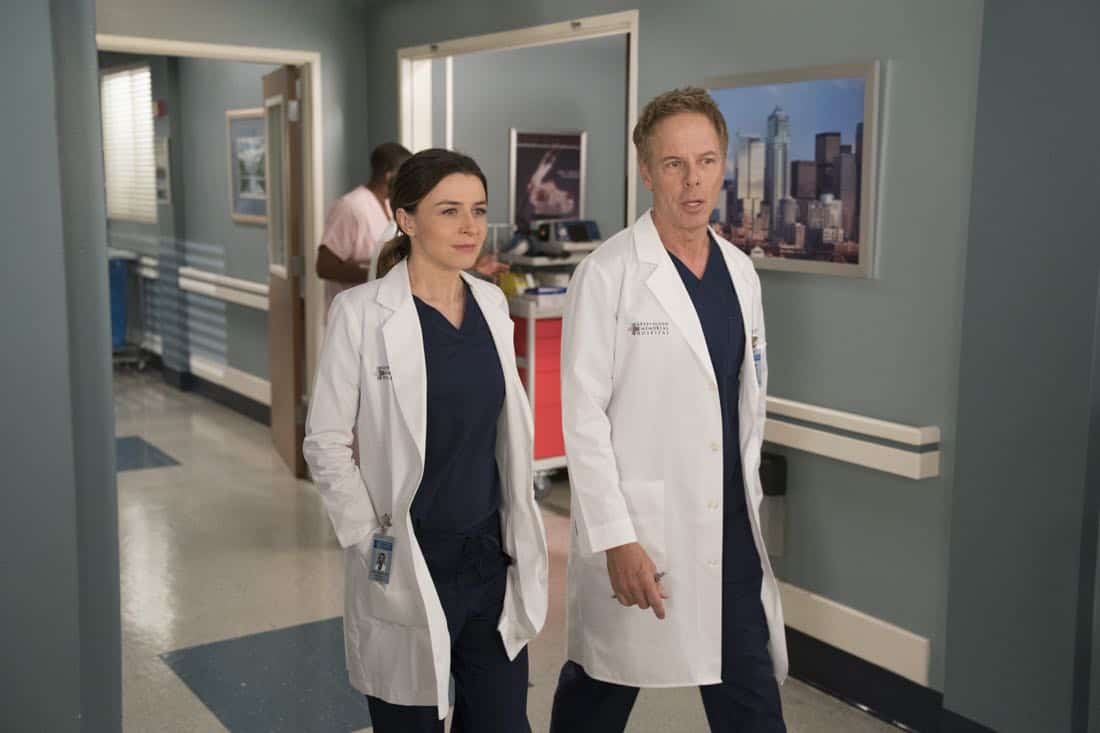 GREY'S ANATOMY - "Hold Back the River" - Amelia, Koracick and DeLuca perform a risky, groundbreaking procedure using ultrasound waves to remove a young patient's brain tumor. Meanwhile, Meredith and Jo work with different polymers to try to salvage their project submission; and Richard's AA sponsor is admitted to Grey Sloan with a DNR, on "Grey's Anatomy," THURSDAY, APRIL 5 (8:00-9:00 p.m. EDT), on The ABC Television Network. (ABC/Mitch Haaseth) CATERINA SCORSONE, GREG GERMANN