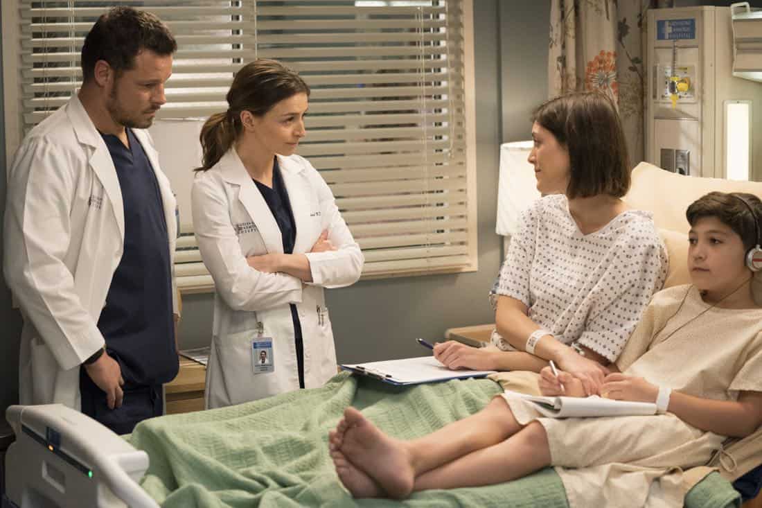 GREY'S ANATOMY - "Hold Back the River" - Amelia, Koracick and DeLuca perform a risky, groundbreaking procedure using ultrasound waves to remove a young patient's brain tumor. Meanwhile, Meredith and Jo work with different polymers to try to salvage their project submission; and Richard's AA sponsor is admitted to Grey Sloan with a DNR, on "Grey's Anatomy," THURSDAY, APRIL 5 (8:00-9:00 p.m. EDT), on The ABC Television Network. (ABC/Mitch Haaseth) JUSTIN CHAMBERS, CATERINA SCORSONE, CAITLIN MCGEE, STEELE GAGNON