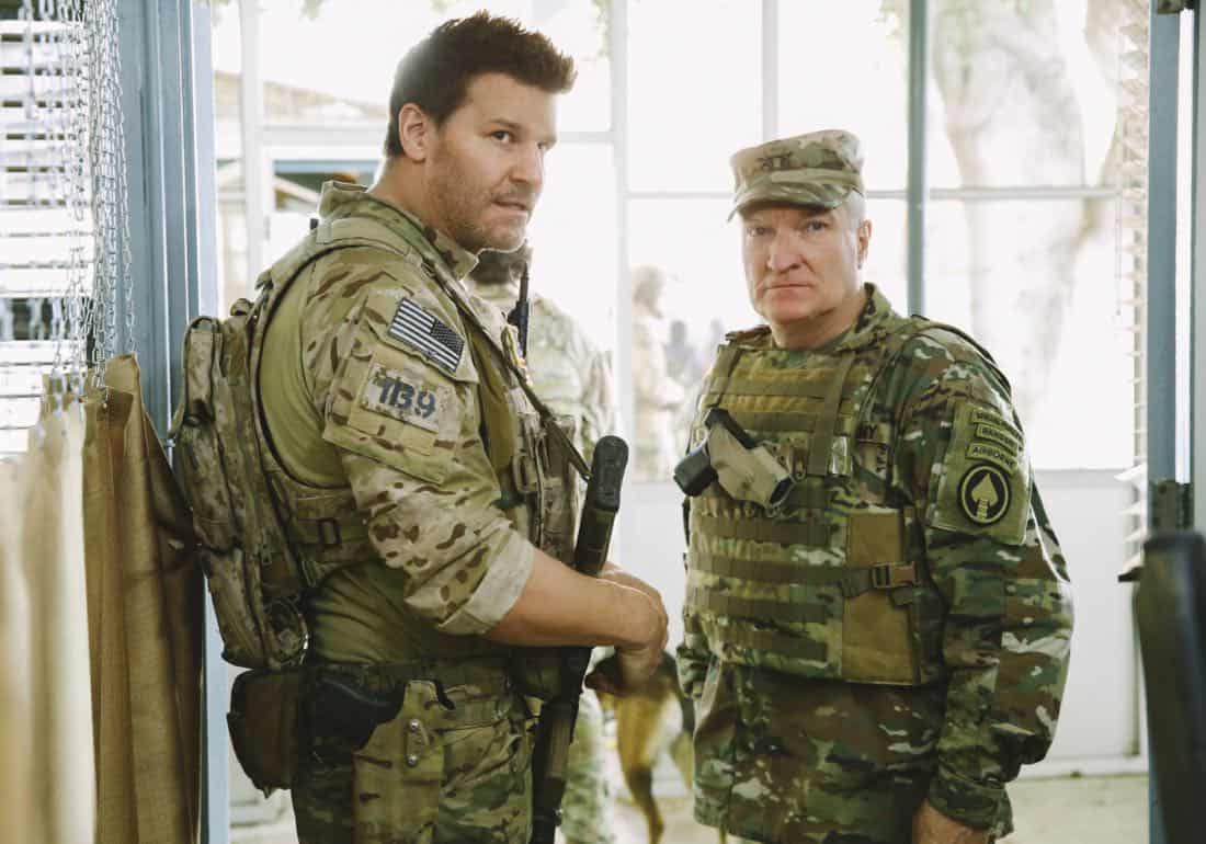 "Credible Threat" -- Jason and the SEAL Team are tasked with protecting a delegation of congressmen and department of defense officials who come to Jalalabad for a publicity tour even though a credible threat has been made against them, on SEAL TEAM, Wednesday, April 11 (9:01-10:00 PM, ET/PT) on the CBS Television Network. Pictured L to R: David Boreanaz as Jason hayes and Dennis Cockrum as General Cook. Photo: Cliff Lipson/CBS é2018 CBS Broadcasting, Inc. All Rights Reserved
