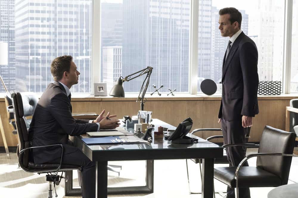 SUITS -- "Bad Man" Episode 712 -- Pictured: (l-r) Patrick J. Adams as Mike Ross, Gabriel Macht as Harvey Specter -- (Photo by: Christos Kalohoridis/USA Network)