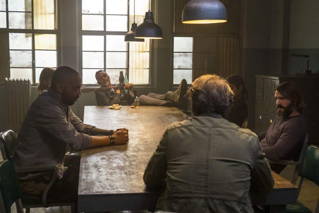 Steven Ogg as Simon, Austin Amelio as Dwight, Elizabeth Ludlow as Arat, Jeffrey Dean Morgan as Negan, Saviors - The Walking Dead _ Season 8, Episode 15 - Photo Credit: Gene Page/AMC