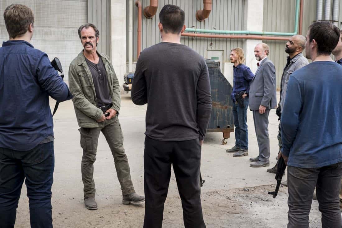 Steven Ogg as Simon, Austin Amelio as Dwight, Xander Berkeley as Gregory, Saviors - The Walking Dead _ Season 8, Episode 15 - Photo Credit: Gene Page/AMC