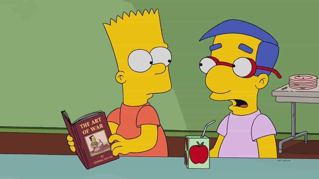 THE SIMPSONS: In attempt to bring the family together, Marge forces everyone to hand in their electronics and take a trip to a book store in the all-new “No Good Read Goes Unpunished” episode of THE SIMPSONS airing Sunday, March 25, (9:00-9:30 PM ET/PT). Pictured: Bart and Millhouse. THE SIMPSONS ™ and © 2017 TCFFC ALL RIGHTS RESERVED.