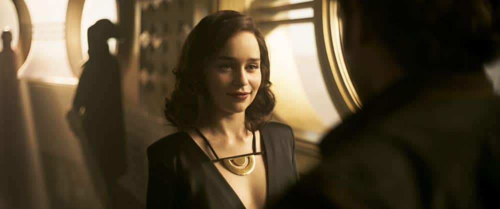 Emilia Clarke is Qi’ra and Alden Ehrenreich is Han Solo in SOLO: A STAR WARS STORY. Emilia Clarke is Qi’ra and Alden Ehrenreich is Han Solo in SOLO: A STAR WARS STORY.