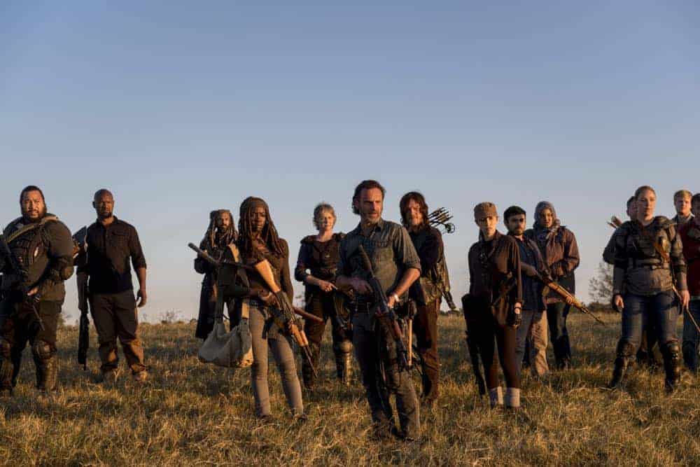Cooper Andrews as Jerry, Khary Payton as Ezekiel, Danai Gurira as Michonne, Melissa McBride as Carol Peletier, Andrew Lincoln as Rick Grimes, Norman Reedus as Daryl Dixon, Christian Serratos as Rosita Espinosa - The Walking Dead _ Season 8, Episode 16 - Photo Credit: Gene Page/AMC