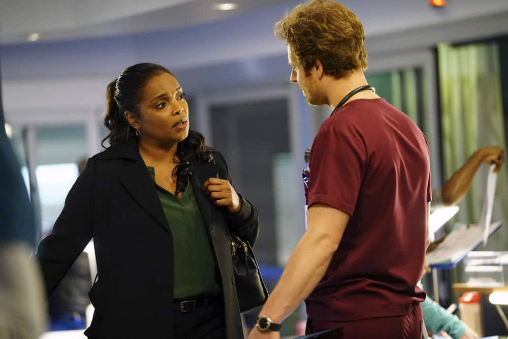CHICAGO MED -- "Devil in Disguise" Episode 315 -- Pictured: (l-r) Marlyne Barrett as Maggie Lockwood, Nick Gehlfuss as Dr. Will Halstead -- (Photo by: Elizabeth Sisson/NBC)