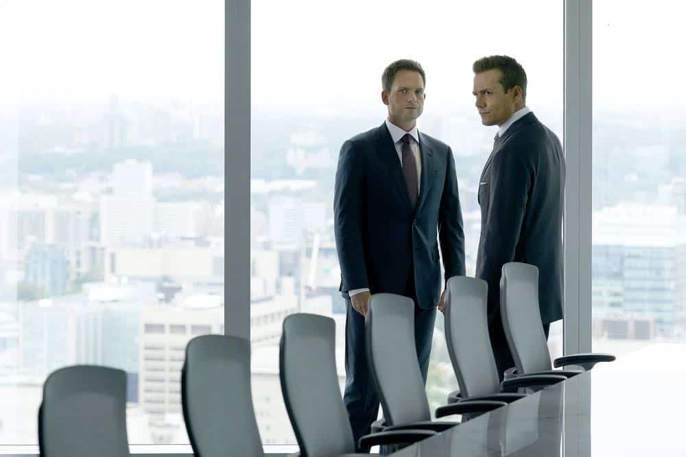 SUITS -- "Inevitable" Episode 713 -- Pictured: (l-r) Patrick J. Adams as Mike Ross, Gabriel Macht as Harvey Specter -- (Photo by: Ian Watson/USA Network)
