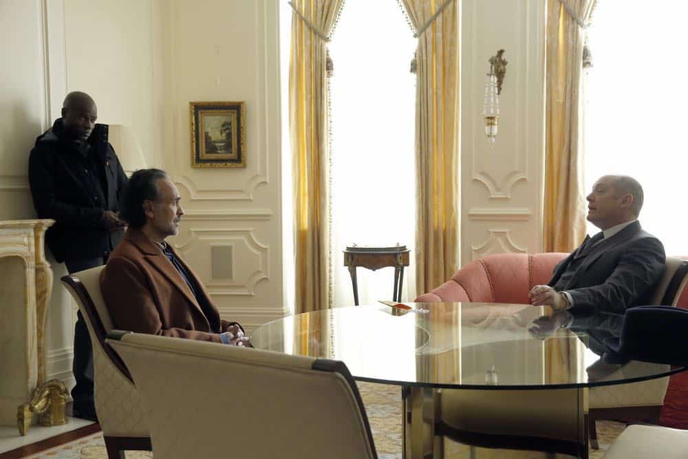 THE BLACKLIST -- "Zarak Mosadek (#23)" Episode 518 -- Pictured: (l-r) Hisham Tawfiq as Dembe Zuma, Bernard White as Zarak Mosadek, James Spader as Raymond "Red" Reddington -- (Photo by: Will Hart/NBC)