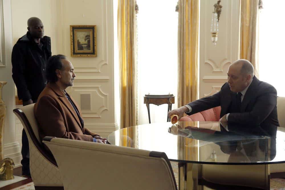 THE BLACKLIST -- "Zarak Mosadek (#23)" Episode 518 -- Pictured: (l-r) Hisham Tawfiq as Dembe Zuma, Bernard White as Zarak Mosadek, James Spader as Raymond "Red" Reddington -- (Photo by: Will Hart/NBC)