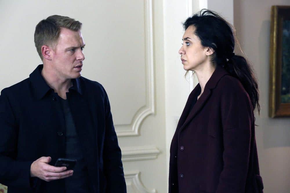 THE BLACKLIST -- "Zarak Mosadek (#23)" Episode 518 -- Pictured: (l-r) Diego Klattenhoff as Donald Ressler, Mozhan Marno as Samar Navabi -- (Photo by: Will Hart/NBC)