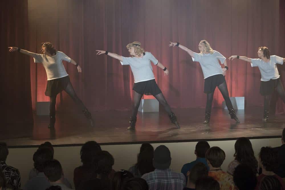 THE GOLDBERGS - "Flashy Little Flashdancer" - After seeing "Flashdance," Beverly decides to take up dance with the Frentas and is dejected when the family doesn't support her after telling them she is going to be in a recital. Meanwhile, when Emmy starts dating a cool guy, Adam thinks their friendship is in jeopardy, so he sets out to be cooler which backfires, on "The Goldbergs," WEDNESDAY, APRIL 11 (8:00-8:30 p.m. EDT), on The ABC Television Network. (ABC/Byron Cohen) STEPHANIE COURTNEY, WENDI MCLENDON-COVEY, JENNIFER IRWIN, MINDY STERLING