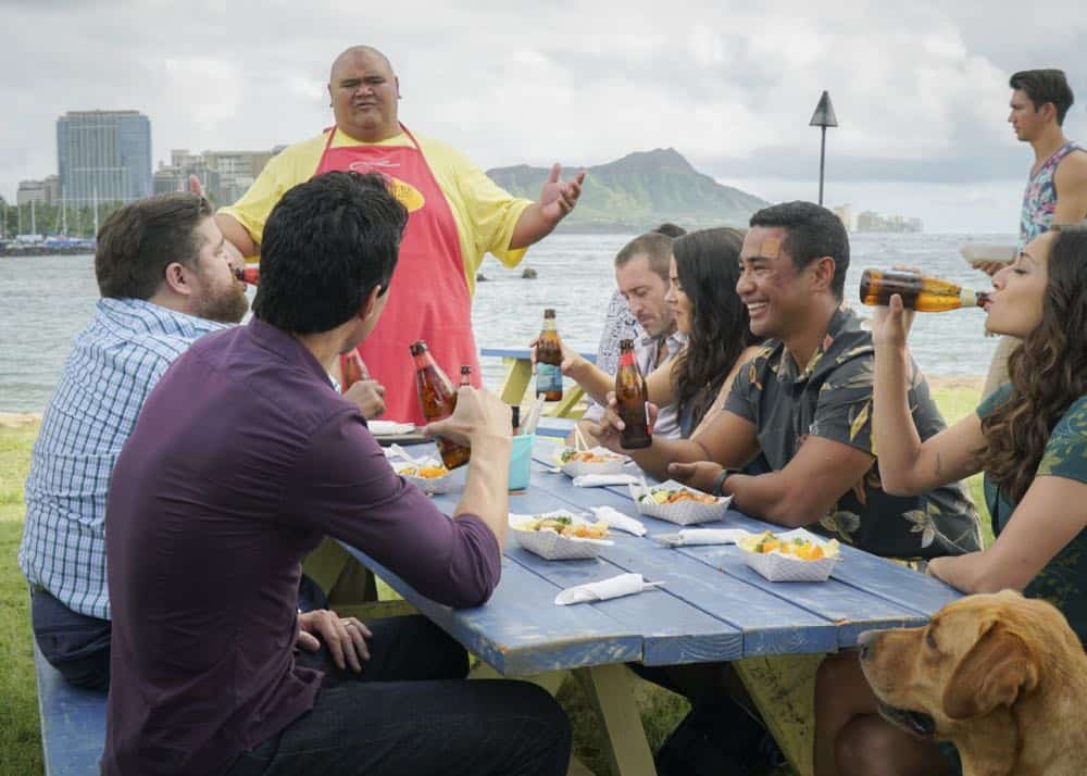 "He lokomaika'i ka manu o Kaiona" -- Catherine Rollins (Michelle Borth) recruits McGarrett and Jerry to help her track down a uranium deposit thought to be hidden on an abandoned Hawaiian island before a suspected terrorist can make dirty bombs with it. Also, when Junior falls and is trapped in a ravine, he reflects on his estranged relationship with his father, on HAWAII FIVE-0, Friday, April 13 (9:00-10:00 PM, ET/PT) on the CBS Television Network. Pictured left to right: Ian Anthony Dale as Adam Noshimuri, Jorge Garcia as Jerry Ortega, Taylor Wily as Kamekona, Alex O'Loughlin as Steve McGarrett, Michelle Borth as Catherine Rollins, Beulah Koale as Junior Reigns, and Meaghan Rath as Tani Rey. Photo: Karen Neal/CBS é2018 CBS Broadcasting, Inc. All Rights Reserved ("He lokomaika'i ka manu o Kaiona" is Hawaiian for "Kind is the Bird of Kaiona")