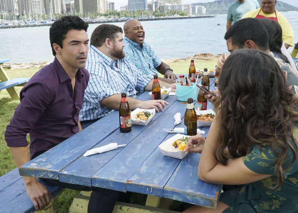 "He lokomaika'i ka manu o Kaiona" -- Catherine Rollins (Michelle Borth) recruits McGarrett and Jerry to help her track down a uranium deposit thought to be hidden on an abandoned Hawaiian island before a suspected terrorist can make dirty bombs with it. Also, when Junior falls and is trapped in a ravine, he reflects on his estranged relationship with his father, on HAWAII FIVE-0, Friday, April 13 (9:00-10:00 PM, ET/PT) on the CBS Television Network. Pictured left to right: Ian Anthony Dale as Adam Noshimuri, Jorge Garcia as Jerry Ortega, Chi McBride as Lou Grover, Taylor Wily as Kamekona, Michelle Borth as Catherine Rollins, Beulah Koale as Junior Reigns, and Meaghan Rath as Tani Rey. Photo: Karen Neal/CBS é2018 CBS Broadcasting, Inc. All Rights Reserved ("He lokomaika'i ka manu o Kaiona" is Hawaiian for "Kind is the Bird of Kaiona")