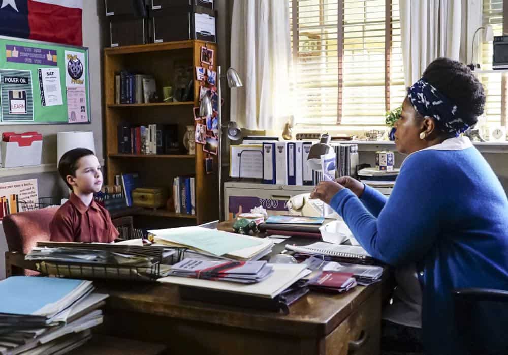 "A Mother, a Child, and a Blue Man's Backside" - Pictured: Sheldon (Iain Armitage) and Mrs. Costello (Cleo King). Mary bans Sheldon from reading a mature comic book, and Sheldon decides it's time to stop living under Mary's thumb, on YOUNG SHELDON, Thursday, April 12 (8:31-9:01 PM, ET/PT) on the CBS Television Network. Photo: Monty Brinton/CBS é2018 CBS Broadcasting, Inc. All Rights Reserved.