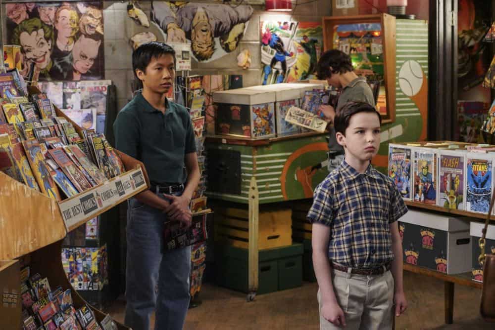 "A Mother, a Child, and a Blue Man's Backside" - Pictured: Tam (Ryan Phuong) and Sheldon (Iain Armitage). Mary bans Sheldon from reading a mature comic book, and Sheldon decides it's time to stop living under Mary's thumb, on YOUNG SHELDON, Thursday, April 12 (8:31-9:01 PM, ET/PT) on the CBS Television Network. Photo: Bill Inoshita/CBS é2018 CBS Broadcasting, Inc. All Rights Reserved.