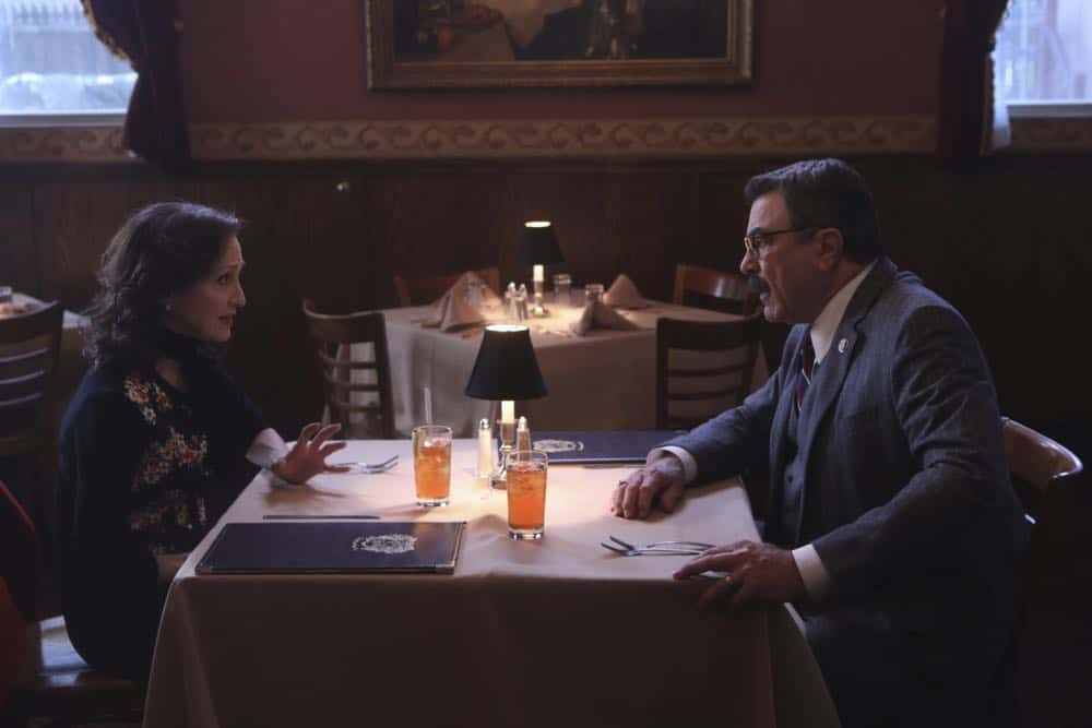 "Risk Management" -- Danny and Baez race to find a missing girl who will die within 72 hours without her heart medication. Also, Jamie and Eddie are on the wrong side of an investigation after engaging in a car chase, Frank, Garrett and Gormley investigate the rise in the settlement of lawsuits against cops, and Sean wins an essay contest and receives a medal from former New York City Mayor David Dinkins, on BLUE BLOODS, Friday, April 13 (10:00-11:00 PM, ET/PT) on the CBS Television Network. Pictured: Bebe Neuwirth, Tom Selleck. Photo: Craig Blankenhorn/CBS é2018CBS Broadcasting Inc. All Rights Reserved.