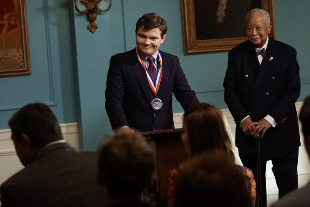 "Risk Management" -- Danny and Baez race to find a missing girl who will die within 72 hours without her heart medication. Also, Jamie and Eddie are on the wrong side of an investigation after engaging in a car chase, Frank, Garrett and Gormley investigate the rise in the settlement of lawsuits against cops, and Sean wins an essay contest and receives a medal from former New York City Mayor David Dinkins, on BLUE BLOODS, Friday, April 13 (10:00-11:00 PM, ET/PT) on the CBS Television Network. Pictured: Andrew Terraciano, David Dinkins. Photo: John Paul Filo/CBS é2018CBS Broadcasting Inc. All Rights Reserved.