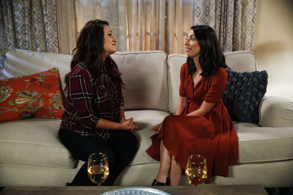 "Sitter Dating Sister Mattress" -- Jen and Greg go to great lengths to find the perfect babysitter for Lark. Also, John becomes testy when shopping for a mattress and Joan realizes the unusual source of his aggravation; Heather learns information about Samantha's boyfriend that she isn't sure she should reveal; and Matt believes he may have a history with Colleen's sister after he meets her for the first time, on LIFE IN PIECES, Thursday, April 12 (9:30-10:00 PM, ET/PT) on the CBS Television Network. Pictured: Angelique Cabral (Colleen Brandon-Ortega), Jade Catta-Preta (Rita) Photo: Cliff Lipson/CBS é2018 CBS Broadcasting, Inc. All Rights Reserved