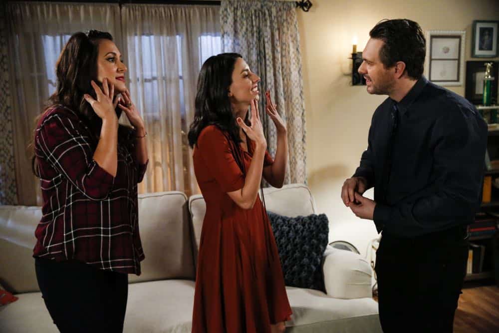 "Sitter Dating Sister Mattress" -- Jen and Greg go to great lengths to find the perfect babysitter for Lark. Also, John becomes testy when shopping for a mattress and Joan realizes the unusual source of his aggravation; Heather learns information about Samantha's boyfriend that she isn't sure she should reveal; and Matt believes he may have a history with Colleen's sister after he meets her for the first time, on LIFE IN PIECES, Thursday, April 12 (9:30-10:00 PM, ET/PT) on the CBS Television Network. Pictured: Angelique Cabral (Colleen Brandon-Ortega), Jade Catta-Preta (Rita), Thomas Sadoski (Matt Short) Photo: Cliff Lipson/CBS é2018 CBS Broadcasting, Inc. All Rights Reserved