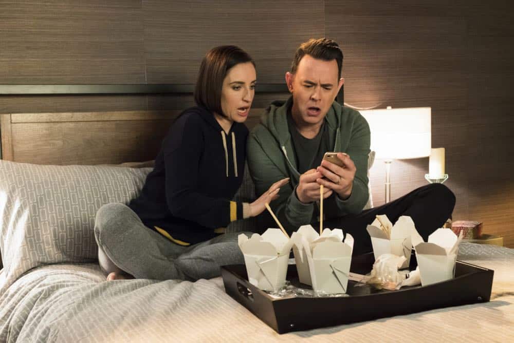 "Sitter Dating Sister Mattress" -- Jen and Greg go to great lengths to find the perfect babysitter for Lark. Also, John becomes testy when shopping for a mattress and Joan realizes the unusual source of his aggravation; Heather learns information about Samantha's boyfriend that she isn't sure she should reveal; and Matt believes he may have a history with Colleen's sister after he meets her for the first time, on LIFE IN PIECES, Thursday, April 12 (9:30-10:00 PM, ET/PT) on the CBS Television Network. Pictured: Zoe Lister-Jones (Jen Short), Colin Hanks (Greg Short) Photo: Jessica Brooks/CBS é2018 CBS Broadcasting, Inc. All Rights Reserved