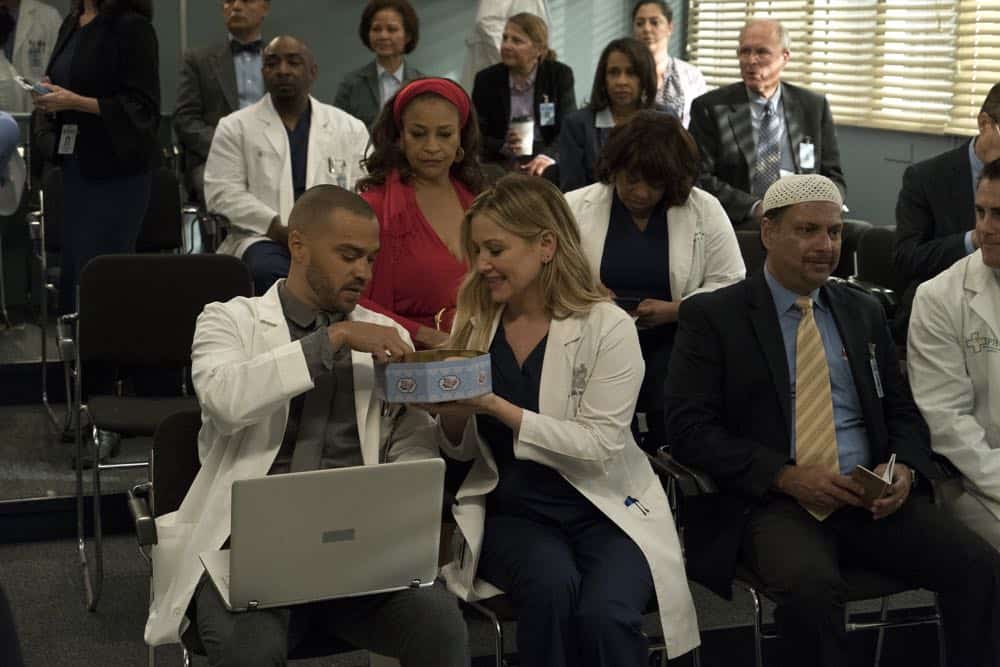 GREY'S ANATOMY - "Judgment Day" - During presentations on Grey Sloan Surgical Innovation Prototypes Day, Arizona shares some cookies from an appreciative patient that, unbeknownst to her, contain a special ingredient. Meanwhile, Catherine reveals some shocking details to Jackson about his grandfather's past; and Jo steps in mid-operation on a major surgery after Bailey and Meredith are down for the count, on "Grey's Anatomy," THURSDAY, APRIL 19 (8:00-9:00 p.m. EDT), on The ABC Television Network. (ABC/Byron Cohen) JESSE WILLIAMS, DEBBIE ALLEN, JESSICA CAPSHAW, CHANDRA WILSON