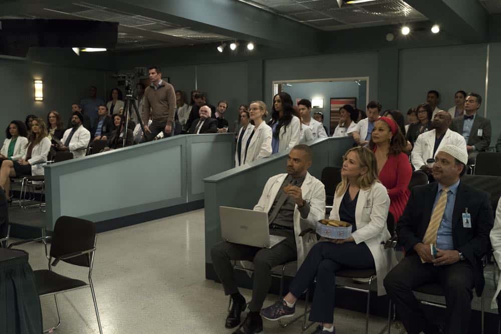 GREY'S ANATOMY - "Judgment Day" - During presentations on Grey Sloan Surgical Innovation Prototypes Day, Arizona shares some cookies from an appreciative patient that, unbeknownst to her, contain a special ingredient. Meanwhile, Catherine reveals some shocking details to Jackson about his grandfather's past; and Jo steps in mid-operation on a major surgery after Bailey and Meredith are down for the count, on "Grey's Anatomy," THURSDAY, APRIL 19 (8:00-9:00 p.m. EDT), on The ABC Television Network. (ABC/Byron Cohen) KELLY MCCREARY, CAMILLA LUDDINGTON, JESSE WILLIAMS, JESSICA CAPSHAW, DEBBIE ALLEN GREY'S ANATOMY - "Judgment Day" - During presentations on Grey Sloan Surgical Innovation Prototypes Day, Arizona shares some cookies from an appreciative patient that, unbeknownst to her, contain a special ingredient. Meanwhile, Catherine reveals some shocking details to Jackson about his grandfather's past; and Jo steps in mid-operation on a major surgery after Bailey and Meredith are down for the count, on "Grey's Anatomy," THURSDAY, APRIL 19 (8:00-9:00 p.m. EDT), on The ABC Television Network. (ABC/Byron Cohen) KELLY MCCREARY, CAMILLA LUDDINGTON, JESSE WILLIAMS, JESSICA CAPSHAW, DEBBIE ALLEN