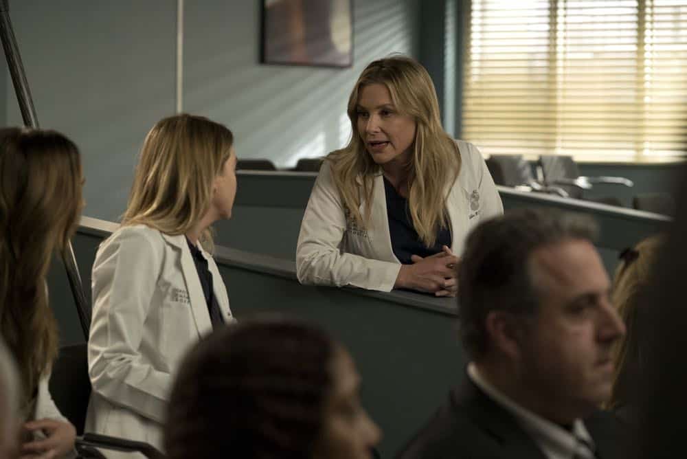 GREY'S ANATOMY - "Judgment Day" - During presentations on Grey Sloan Surgical Innovation Prototypes Day, Arizona shares some cookies from an appreciative patient that, unbeknownst to her, contain a special ingredient. Meanwhile, Catherine reveals some shocking details to Jackson about his grandfather's past; and Jo steps in mid-operation on a major surgery after Bailey and Meredith are down for the count, on "Grey's Anatomy," THURSDAY, APRIL 19 (8:00-9:00 p.m. EDT), on The ABC Television Network. (ABC/Byron Cohen) JESSICA CAPSHAW