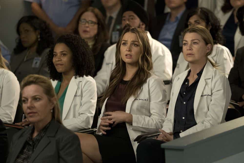 GREY'S ANATOMY - "Judgment Day" - During presentations on Grey Sloan Surgical Innovation Prototypes Day, Arizona shares some cookies from an appreciative patient that, unbeknownst to her, contain a special ingredient. Meanwhile, Catherine reveals some shocking details to Jackson about his grandfather's past; and Jo steps in mid-operation on a major surgery after Bailey and Meredith are down for the count, on "Grey's Anatomy," THURSDAY, APRIL 19 (8:00-9:00 p.m. EDT), on The ABC Television Network. (ABC/Byron Cohen) KELLY MCCREARY, CAMILLA LUDDINGTON, ELLEN POMPEO