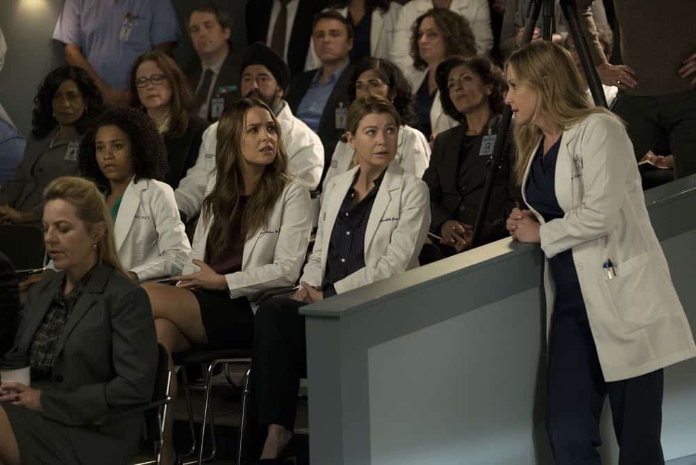 GREY'S ANATOMY - "Judgment Day" - During presentations on Grey Sloan Surgical Innovation Prototypes Day, Arizona shares some cookies from an appreciative patient that, unbeknownst to her, contain a special ingredient. Meanwhile, Catherine reveals some shocking details to Jackson about his grandfather's past; and Jo steps in mid-operation on a major surgery after Bailey and Meredith are down for the count, on "Grey's Anatomy," THURSDAY, APRIL 19 (8:00-9:00 p.m. EDT), on The ABC Television Network. (ABC/Byron Cohen) KELLY MCCREARY, CAMILLA LUDDINGTON, ELLEN POMPEO, JESSICA CAPSHAW