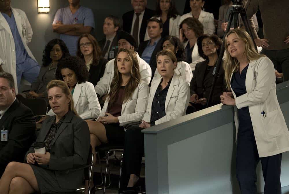 GREY'S ANATOMY - "Judgment Day" - During presentations on Grey Sloan Surgical Innovation Prototypes Day, Arizona shares some cookies from an appreciative patient that, unbeknownst to her, contain a special ingredient. Meanwhile, Catherine reveals some shocking details to Jackson about his grandfather's past; and Jo steps in mid-operation on a major surgery after Bailey and Meredith are down for the count, on "Grey's Anatomy," THURSDAY, APRIL 19 (8:00-9:00 p.m. EDT), on The ABC Television Network. (ABC/Byron Cohen) KELLY MCCREARY, CAMILLA LUDDINGTON, ELLEN POMPEO, JESSICA CAPSHAW