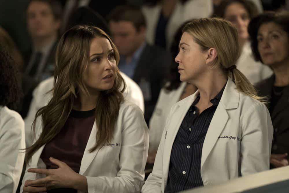 GREY'S ANATOMY - "Judgment Day" - During presentations on Grey Sloan Surgical Innovation Prototypes Day, Arizona shares some cookies from an appreciative patient that, unbeknownst to her, contain a special ingredient. Meanwhile, Catherine reveals some shocking details to Jackson about his grandfather's past; and Jo steps in mid-operation on a major surgery after Bailey and Meredith are down for the count, on "Grey's Anatomy," THURSDAY, APRIL 19 (8:00-9:00 p.m. EDT), on The ABC Television Network. (ABC/Byron Cohen) CAMILLA LUDDINGTON, ELLEN POMPEO