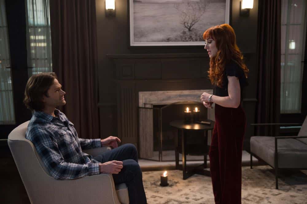 Supernatural -- "Funeralia" -- Image Number: SN1319a_0019b.jpg -- Pictured (L-R): Jared Padalecki as Sam and Ruth Connell as Rowena -- Photo: Diyah Pera/The CW -- é 2018 The CW Network, LLC. All rights reserved Supernatural -- "Funeralia" -- Image Number: SN1319a_0019b.jpg -- Pictured (L-R): Jared Padalecki as Sam and Ruth Connell as Rowena -- Photo: Diyah Pera/The CW -- é 2018 The CW Network, LLC. All rights reserved