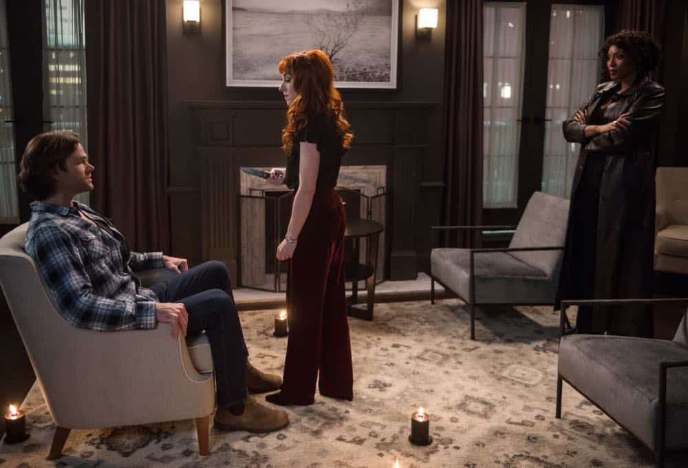 Supernatural -- "Funeralia" -- Image Number: SN1319a_0031b.jpg -- Pictured (L-R): Jared Padalecki as Sam, Ruth Connell as Rowena and Lisa Berry as Billie -- Photo: Diyah Pera/The CW -- é 2018 The CW Network, LLC. All rights reserved