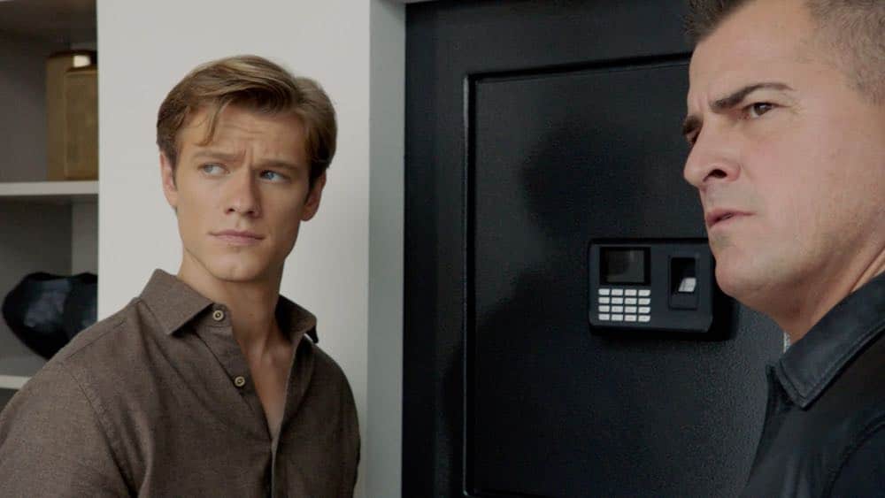 "Skyscraper - Power" -- Mac and Jack attempt to rescue a billionaire's son after he is kidnapped by a former Navy SEAL who uses an EMP weapon to cut off power and communication lines to the Shanghai skyscraper where the boy lives, on MACGYVER, Friday, April 13 (8:00-9:00 PM, ET/PT) on the CBS Television Network. Ed Asner and Piper Laurie guest star as a couple on a private jet commandeered by Mac and Jack to fly to Shanghai. Pictured: Lucas Till, George Ends Photo: CBS é2018 CBS Broadcasting, Inc. All Rights Reserved