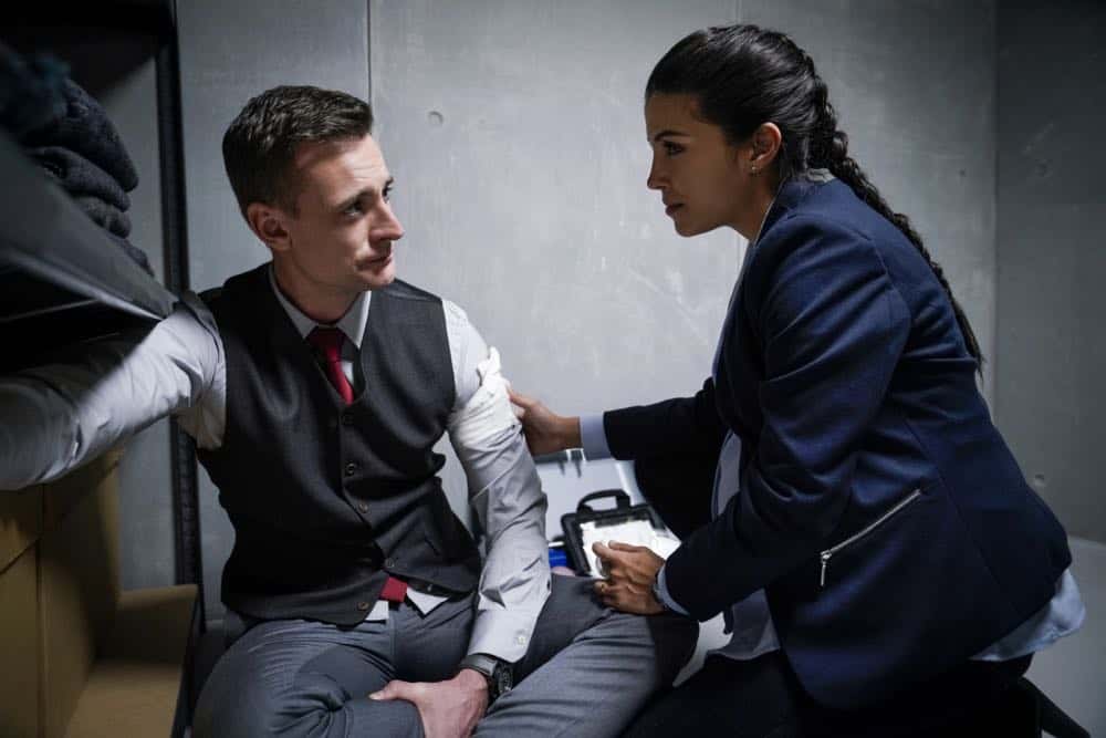 "Alters" -- As Eric and Zara provide risk assessment services at an investment bank, they are taken hostage by a gunman targeting a low-level accountant, and Eric must negotiate for their release, on RANSOM, Saturday, April 14 (8:00-9:00 PM, ET/PT) on the CBS Television Network. Pictured: Callum Blue (George Harris), Nazneen Contractor (Zara Hallam) Photo: Dávid Lukács é 2018 Ransom Television Productions Inc.